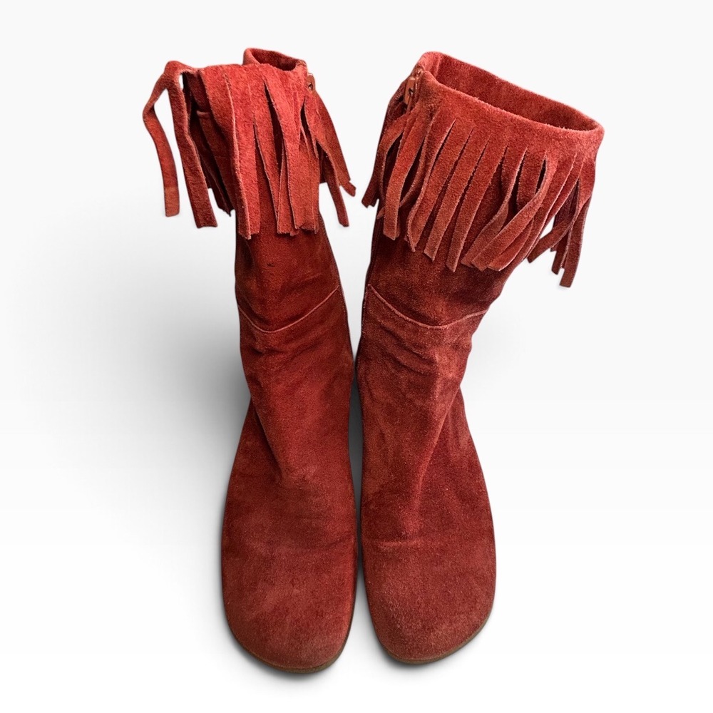 Aerosoles Red Suede Fringe Mid Calf Boots Women 9.5 B Side Zip Flat Boho